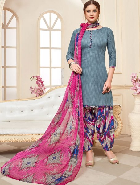 Gray Cotton Printed Casual Patiala Pant Kameez