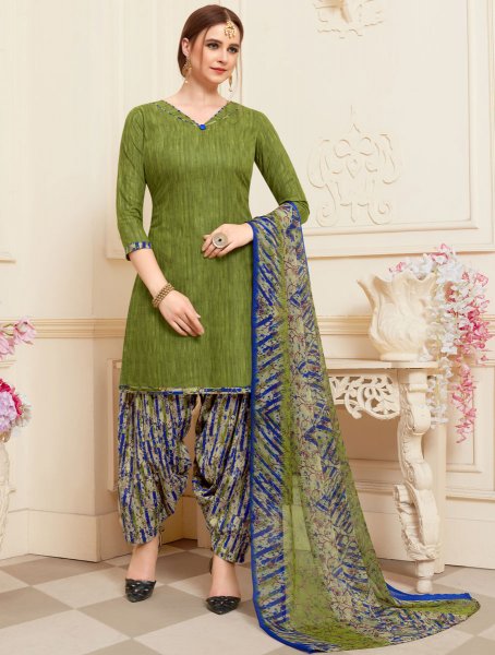 Fern Green Cotton Printed Casual Patiala Pant Kameez