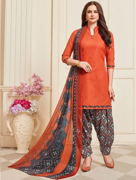Portland Orange Cotton Printed Casual Patiala Pant Kameez