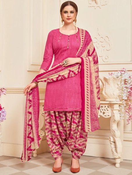 Cerise Pink Cotton Printed Casual Patiala Pant Kameez
