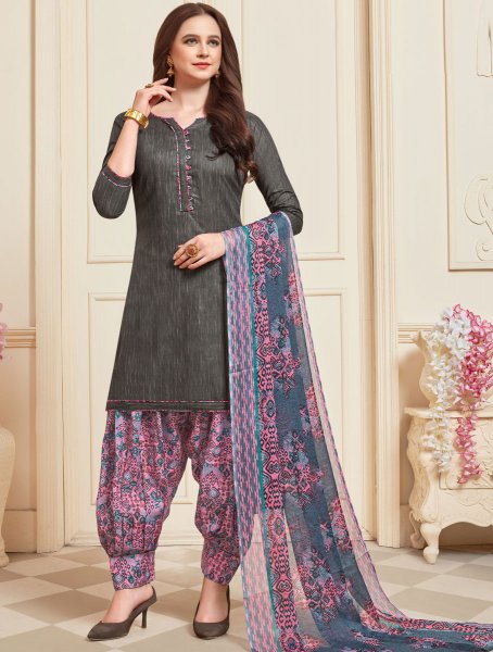 Dark Gray Cotton Printed Casual Patiala Pant Kameez