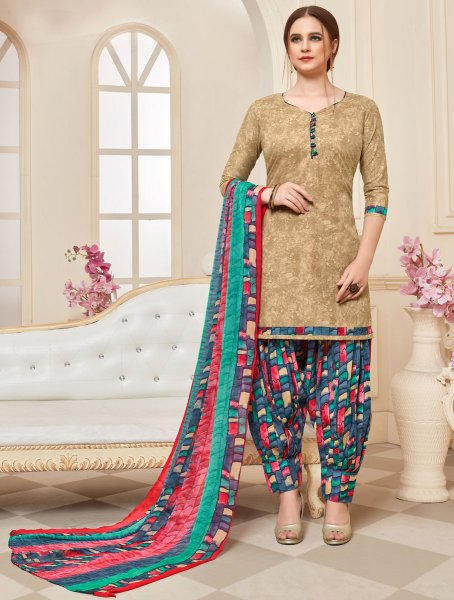 Beige Yellow Cotton Printed Casual Patiala Pant Kameez