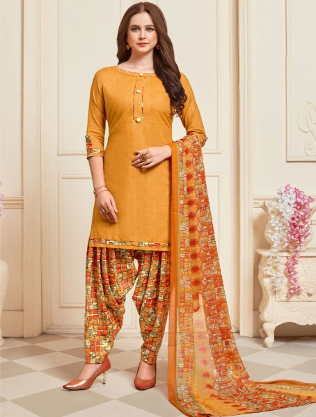 Gamboge Yellow Cotton Printed Casual Patiala Pant Kameez
