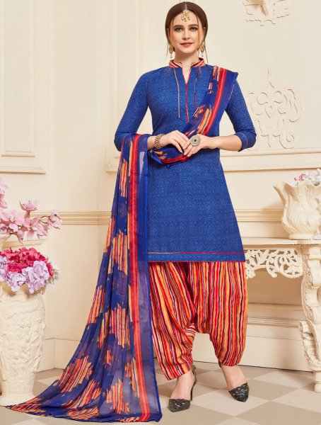 Dark Blue Cotton Printed Casual Patiala Pant Kameez