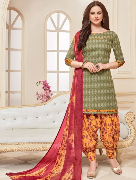 Camouflage Green Cotton Printed Casual Patiala Pant Kameez