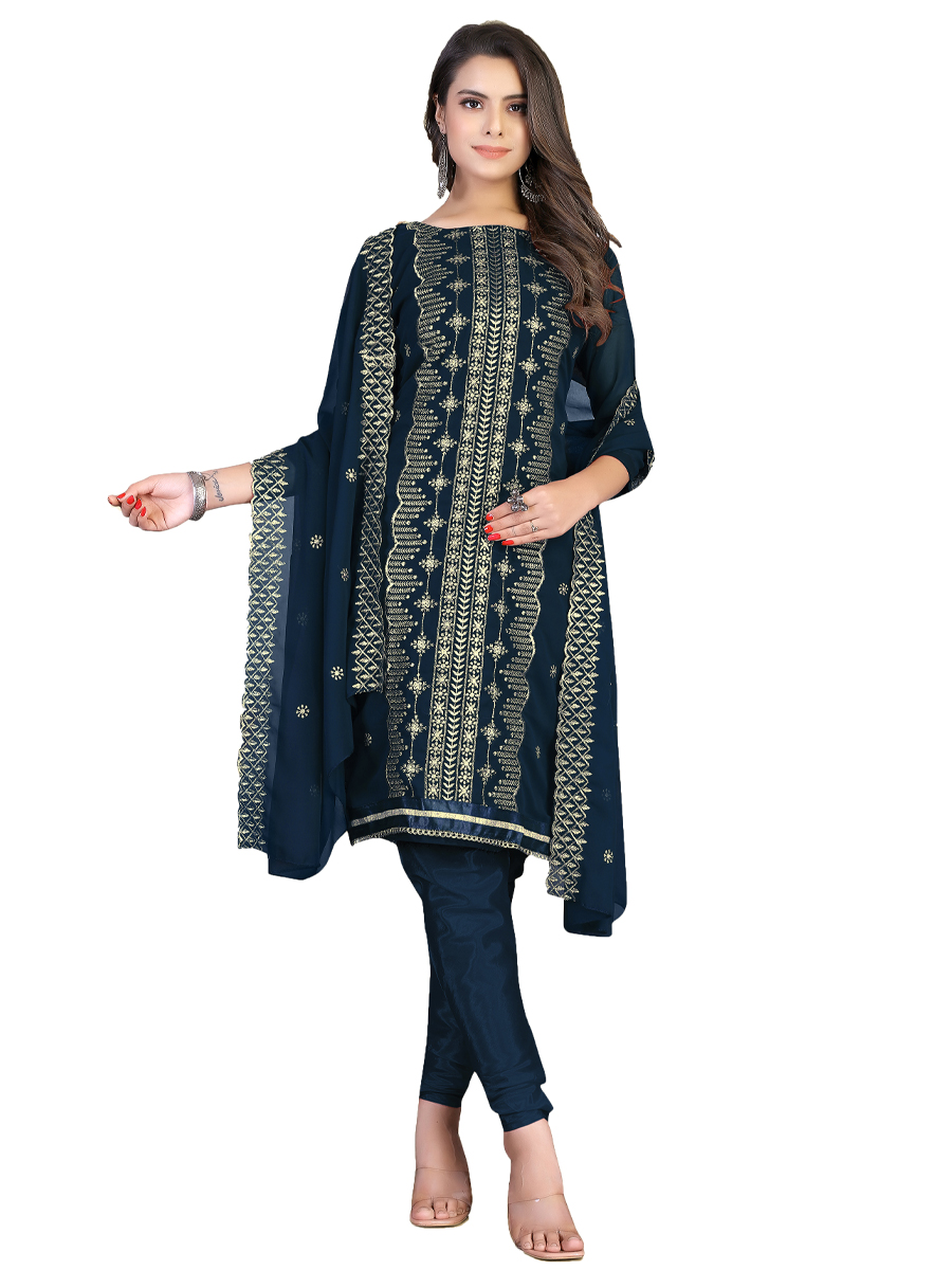 Teal Blue Georgette Embroidered Casual Festival Churidar Salwar Kameez