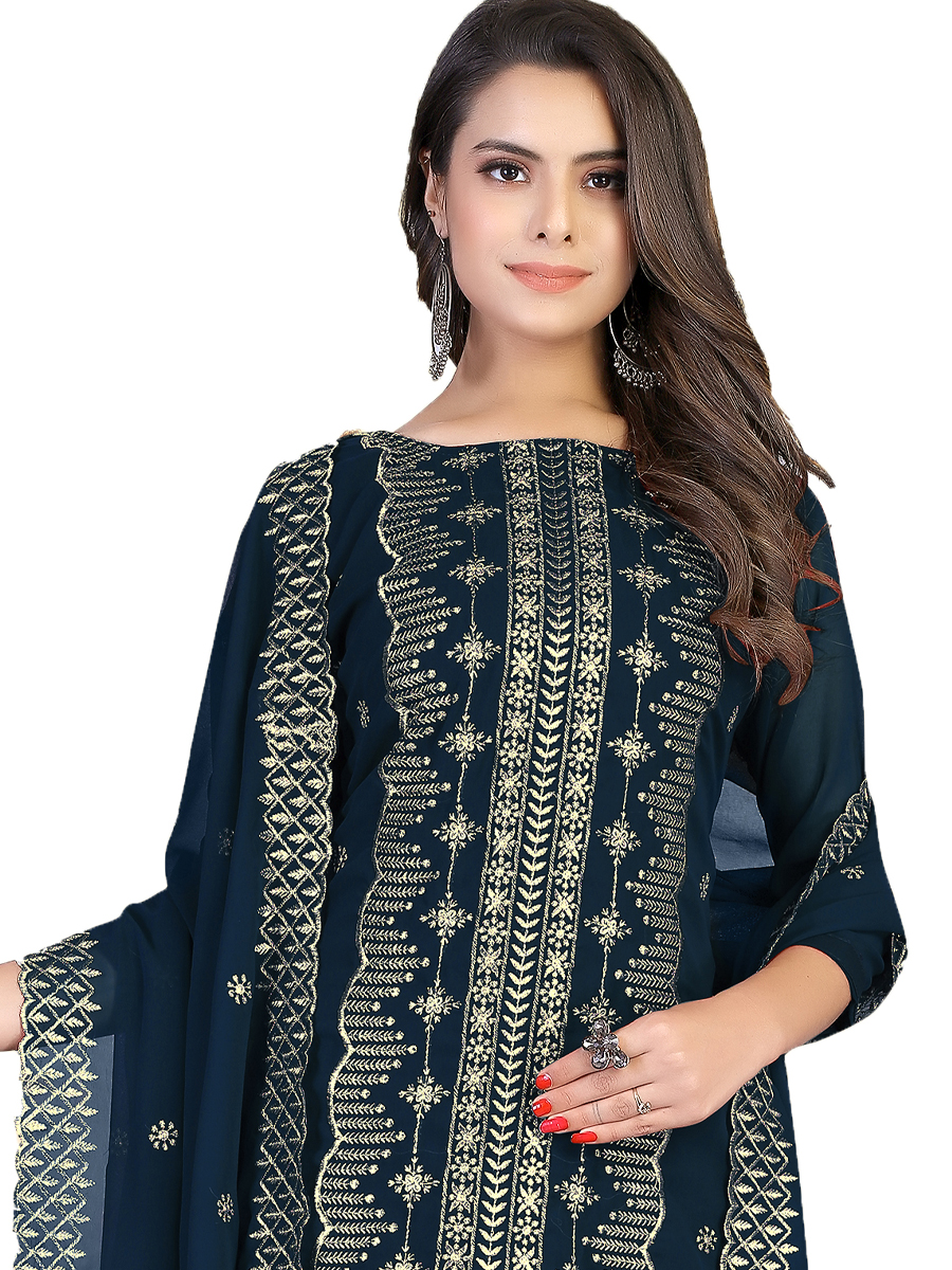 Teal Blue Georgette Embroidered Casual Festival Churidar Salwar Kameez