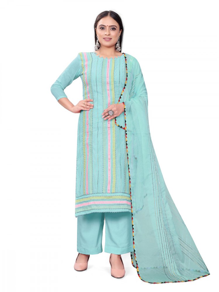 Sea Green Chanderi Cotton Embroidered Casual Festival Pant Salwar Kameez
