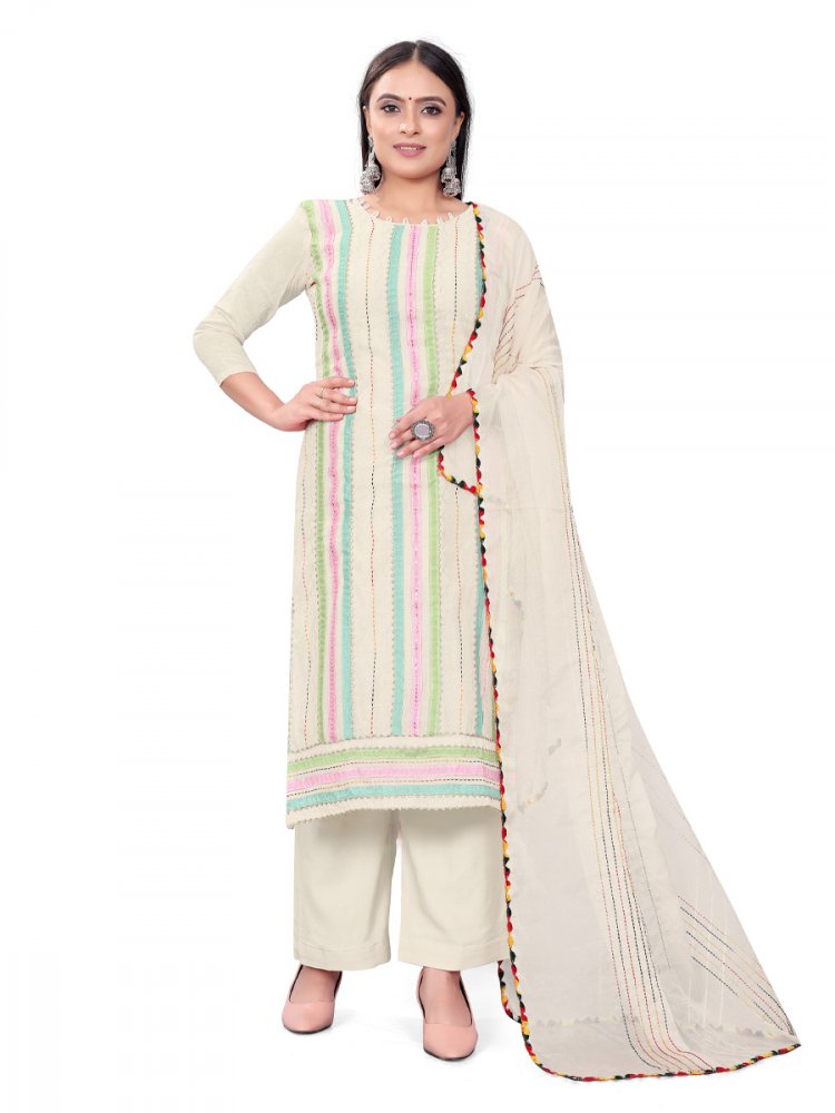 Off White Chanderi Cotton Embroidered Casual Festival Pant Salwar Kameez