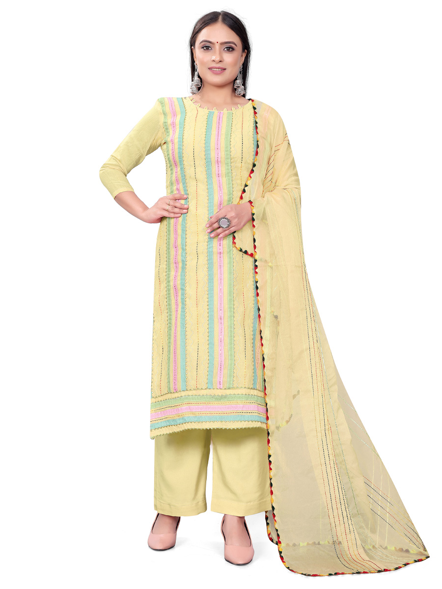Yellow Chanderi Cotton Embroidered Casual Festival Pant Salwar Kameez