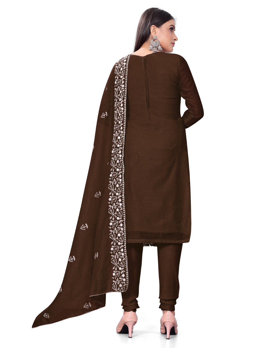 Brown Chanderi Cotton Embroidered Casual Festival Churidar Salwar Kameez