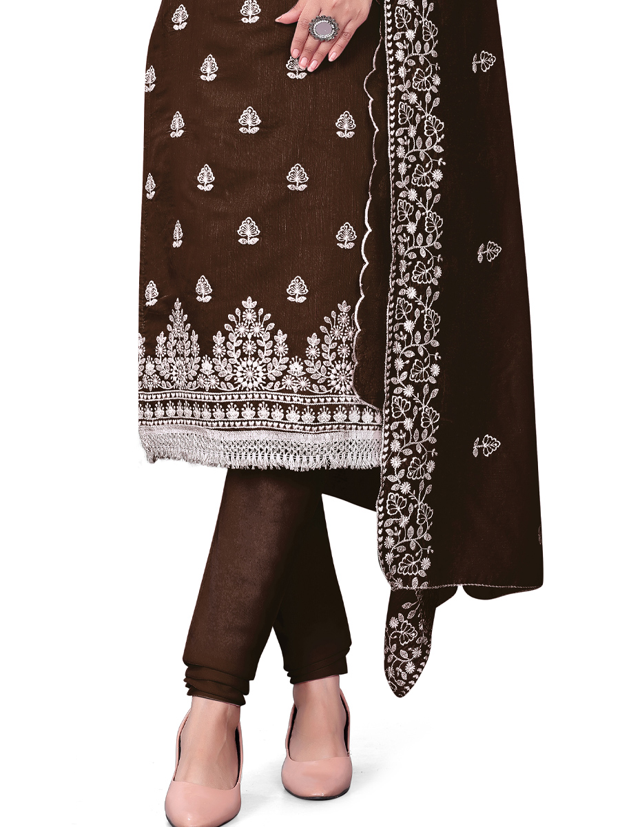 Brown Chanderi Cotton Embroidered Casual Festival Churidar Salwar Kameez