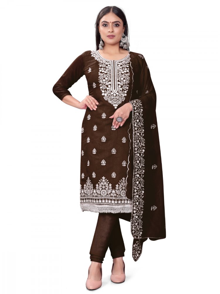 Brown Chanderi Cotton Embroidered Casual Festival Churidar Salwar Kameez