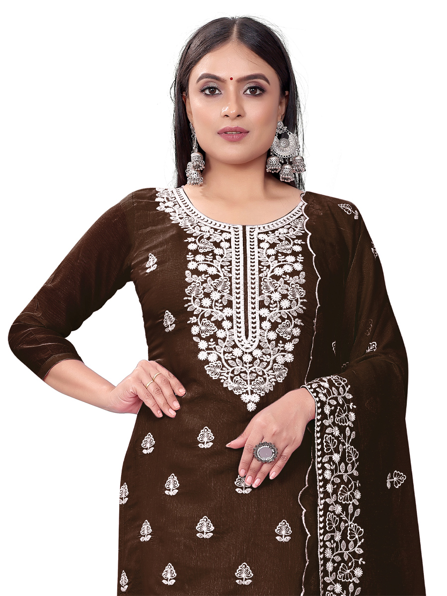 Brown Chanderi Cotton Embroidered Casual Festival Churidar Salwar Kameez