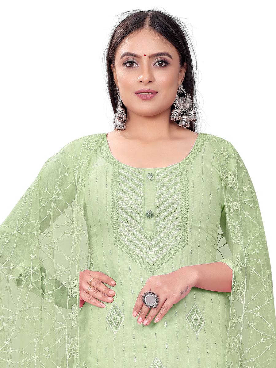 Light Green Chanderi Cotton Embroidered Casual Festival Churidar Salwar Kameez