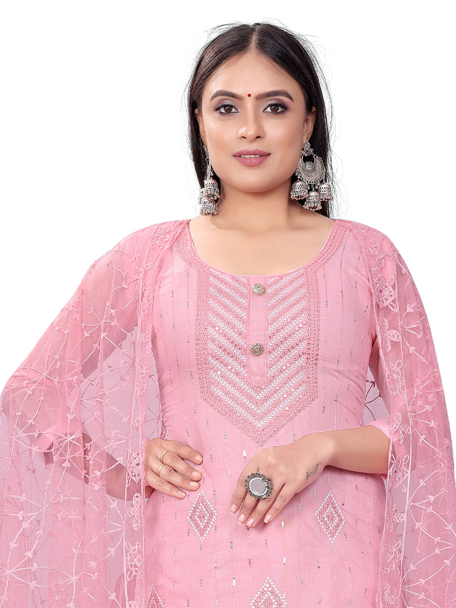 Pink Chanderi Cotton Embroidered Casual Festival Churidar Salwar Kameez