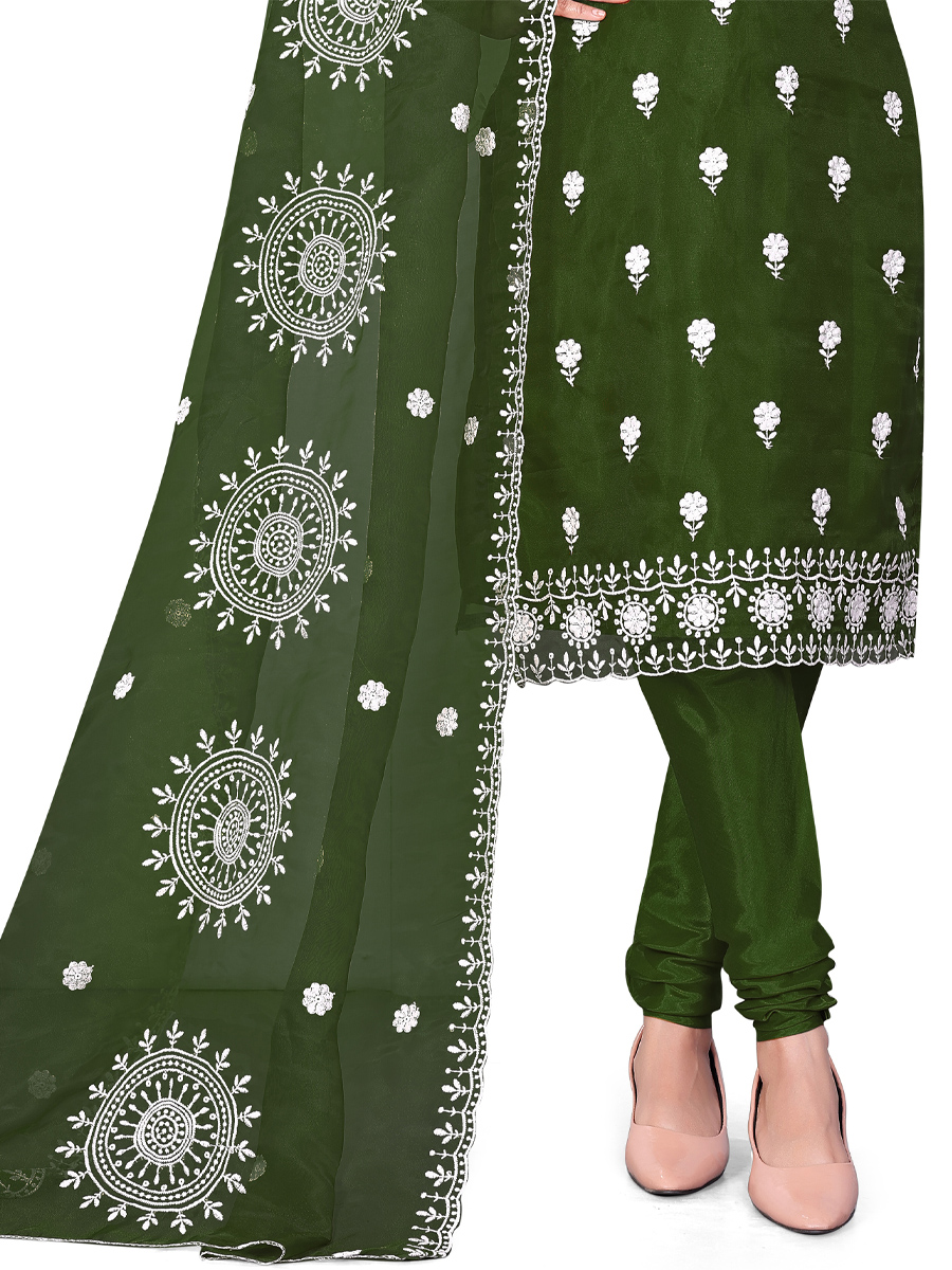 Dark Green Organza Embroidered Casual Festival Churidar Salwar Kameez