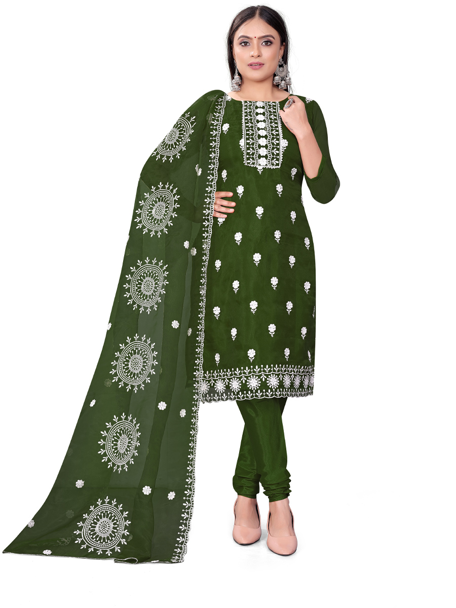 Dark Green Organza Embroidered Casual Festival Churidar Salwar Kameez