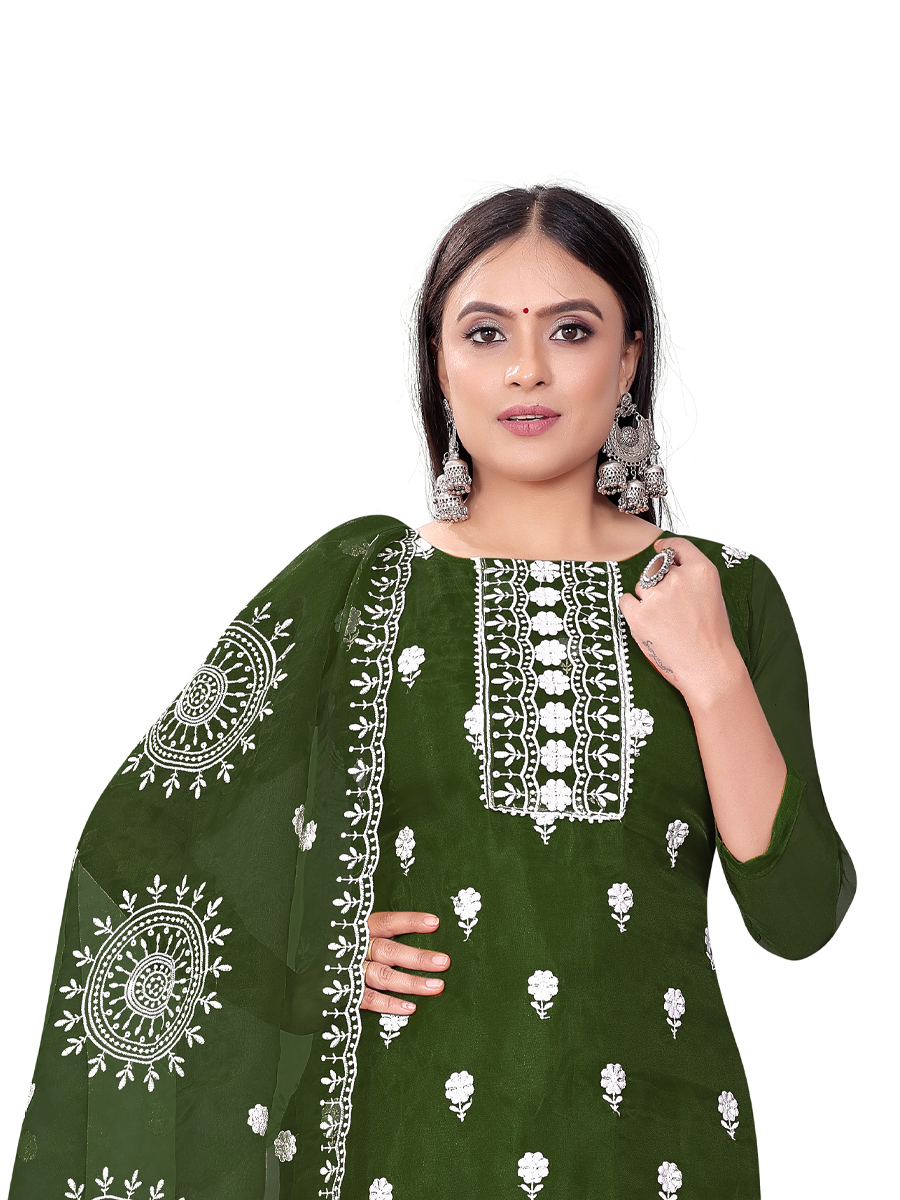 Dark Green Organza Embroidered Casual Festival Churidar Salwar Kameez