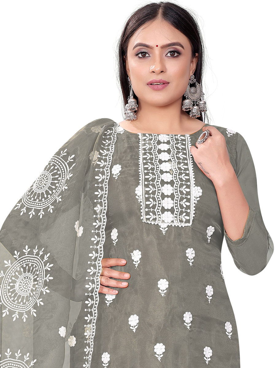 Grey Organza Embroidered Casual Festival Churidar Salwar Kameez