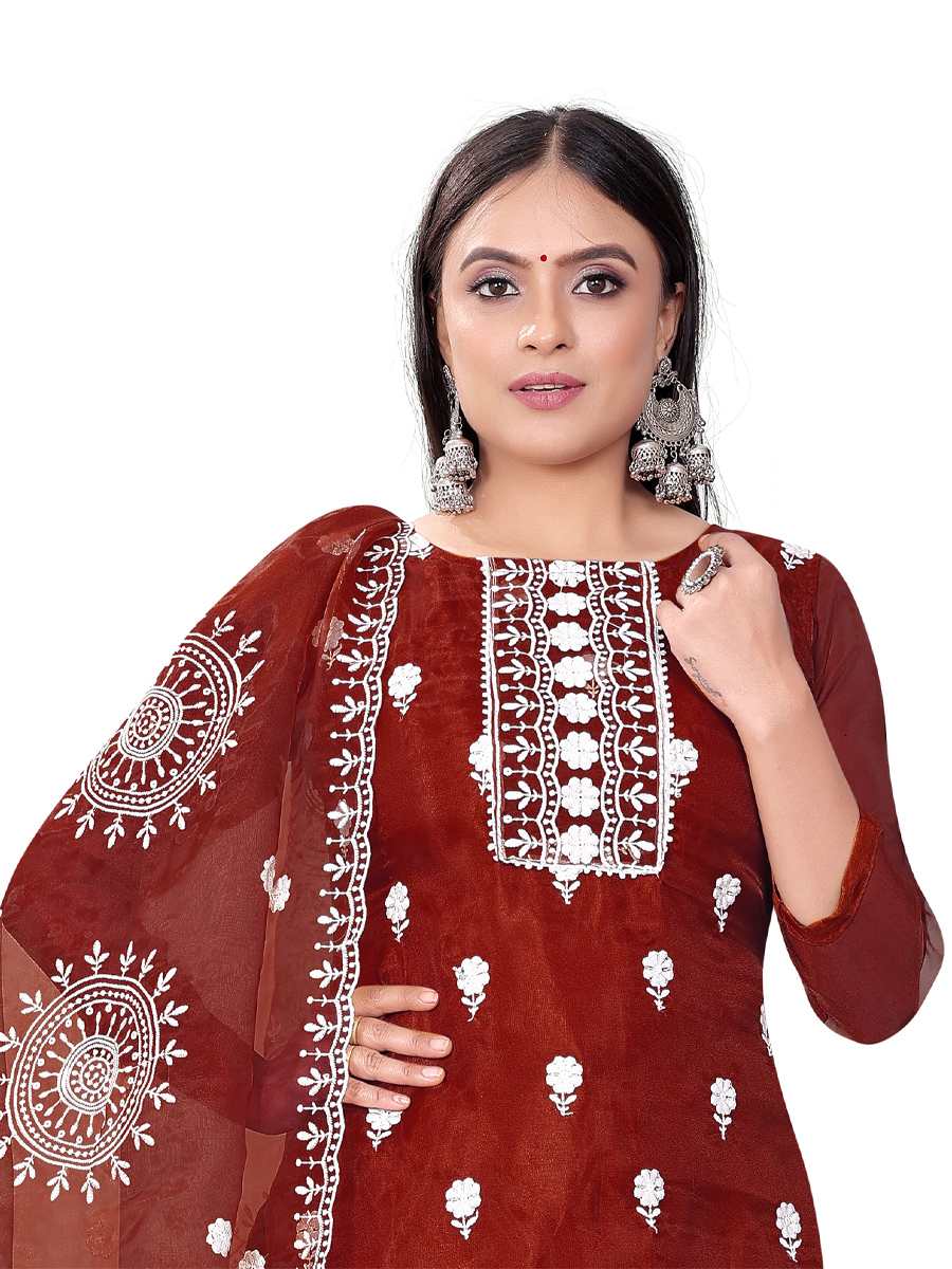 Maroon Organza Embroidered Casual Festival Churidar Salwar Kameez