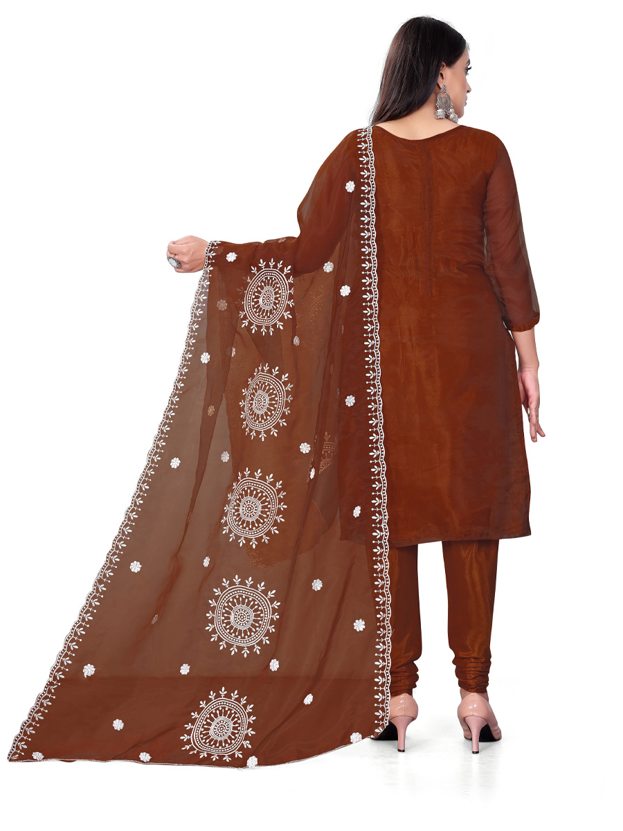 Rust Organza Embroidered Casual Festival Churidar Salwar Kameez