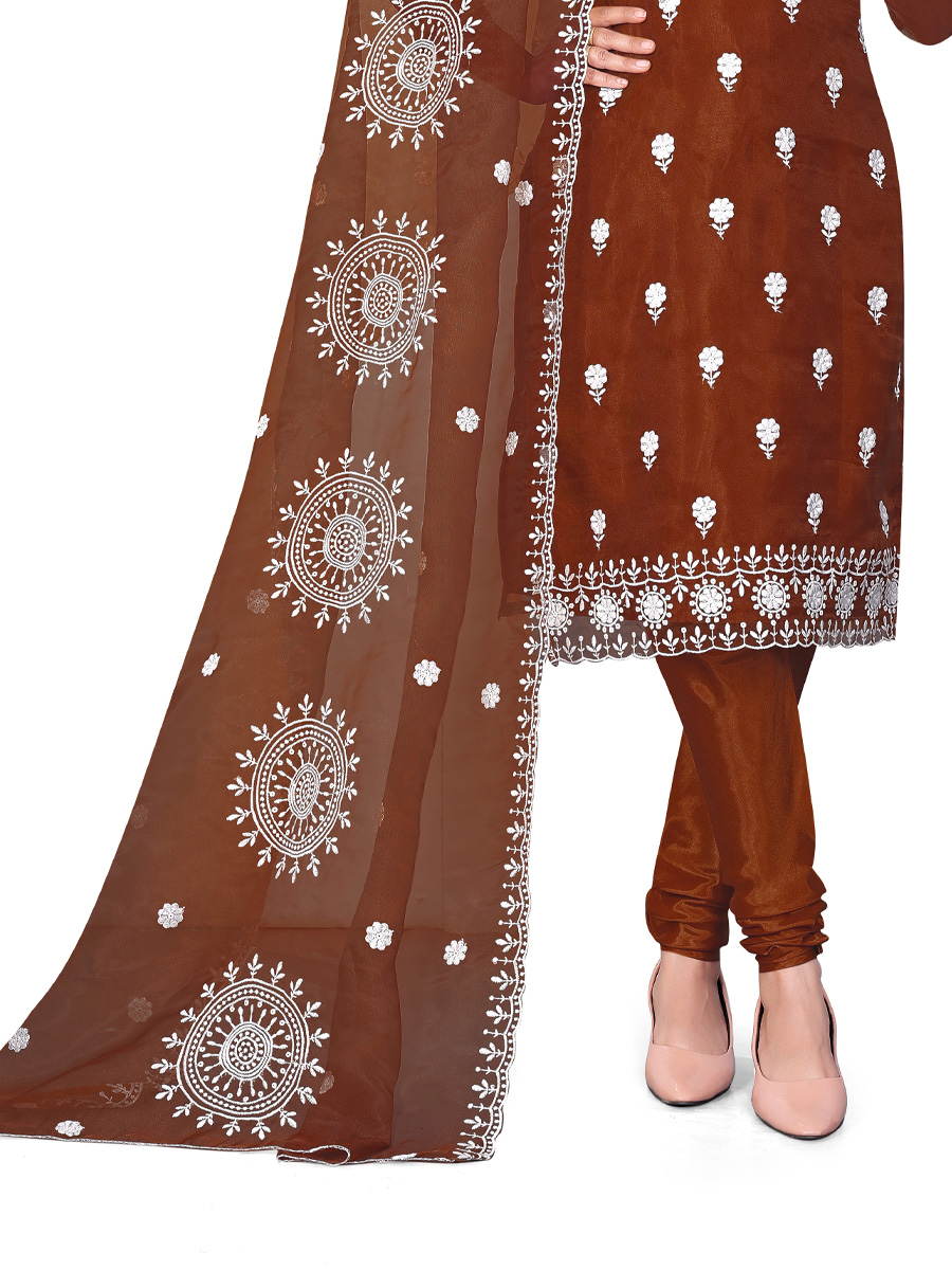 Rust Organza Embroidered Casual Festival Churidar Salwar Kameez