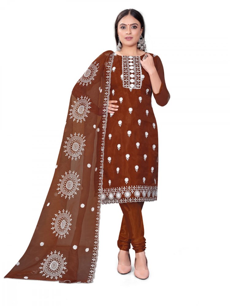 Rust Organza Embroidered Casual Festival Churidar Salwar Kameez