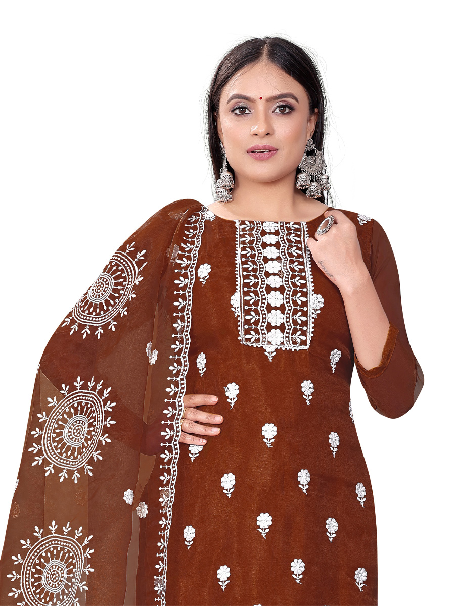 Rust Organza Embroidered Casual Festival Churidar Salwar Kameez