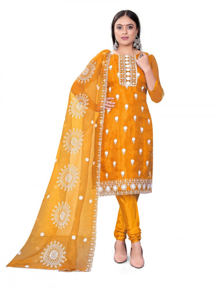 Yellow Organza Embroidered Casual Festival Churidar Salwar Kameez