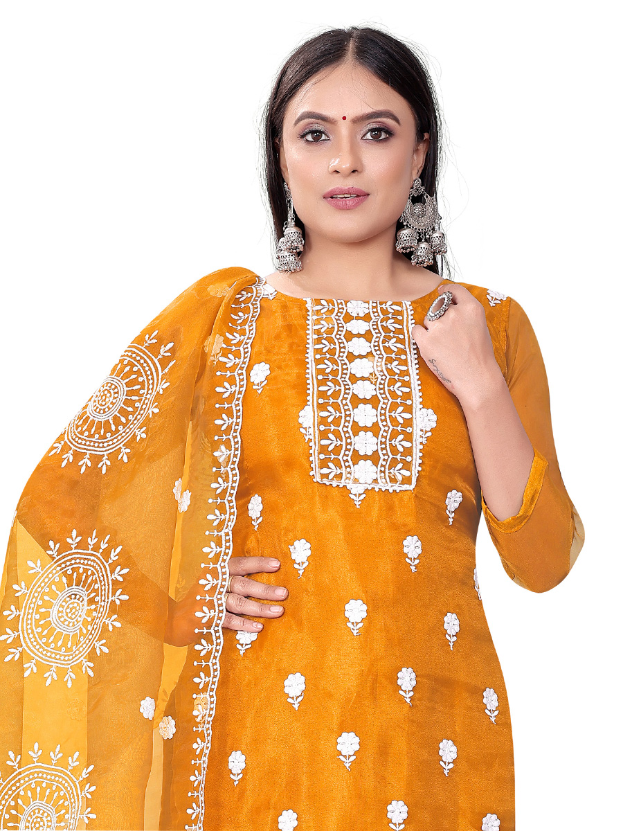 Yellow Organza Embroidered Casual Festival Churidar Salwar Kameez