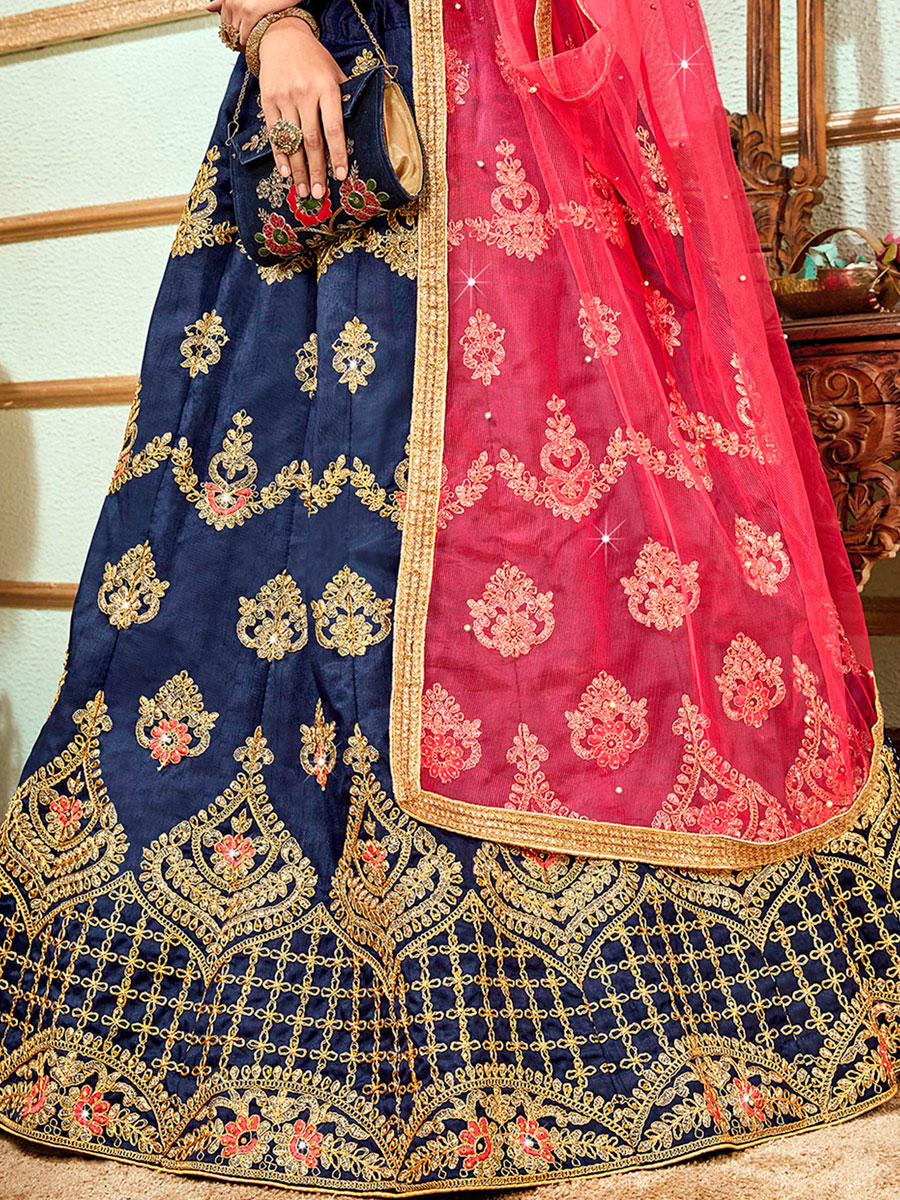 Navy Blue Banglori Silk Embroidered Wedding Lehnega Choli