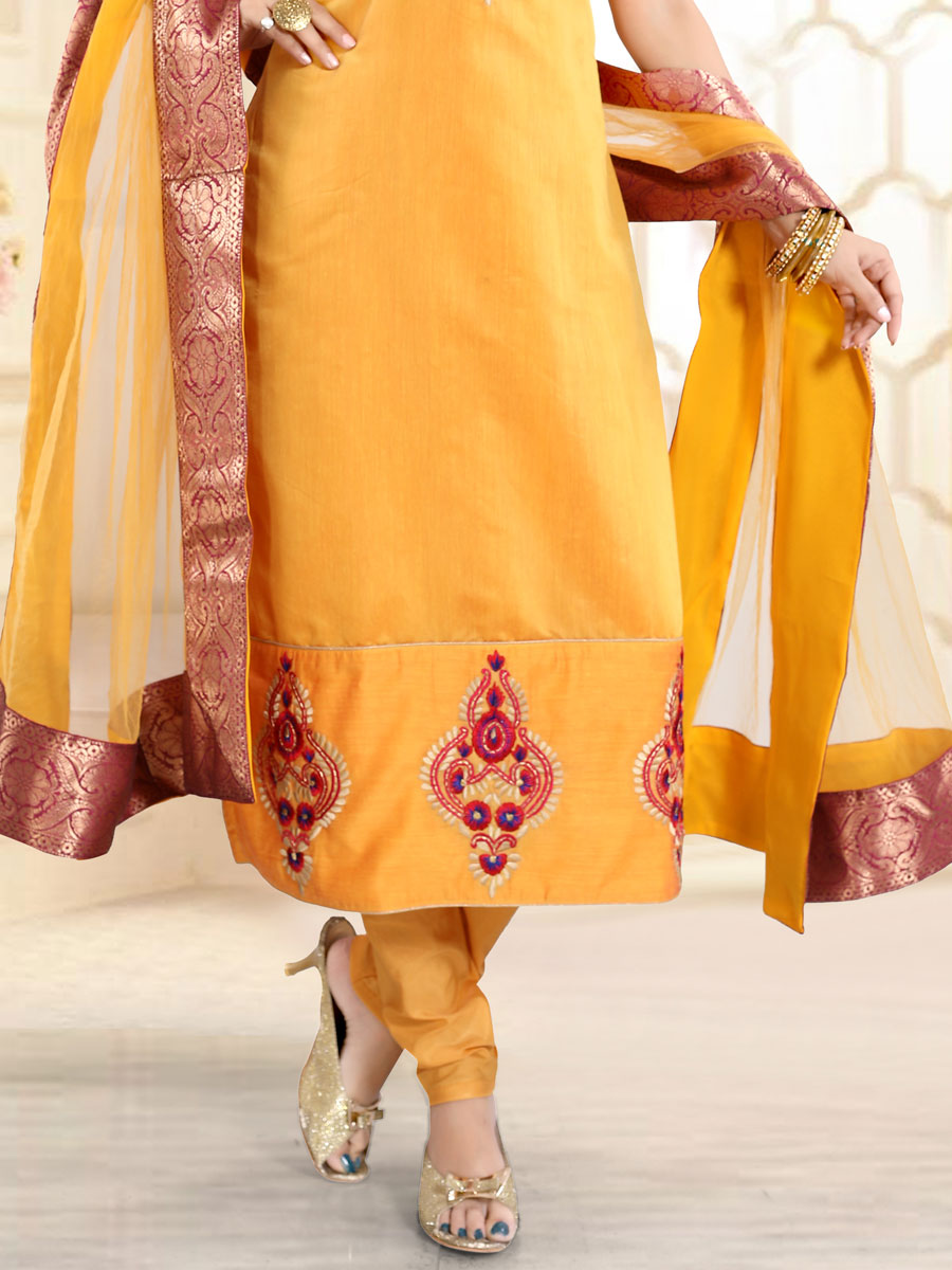 Amber Yellow Chanderi Silk Embroidered Festival Churidar Pant Kameez