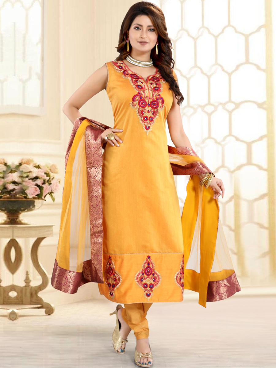 Amber Yellow Chanderi Silk Embroidered Festival Churidar Pant Kameez