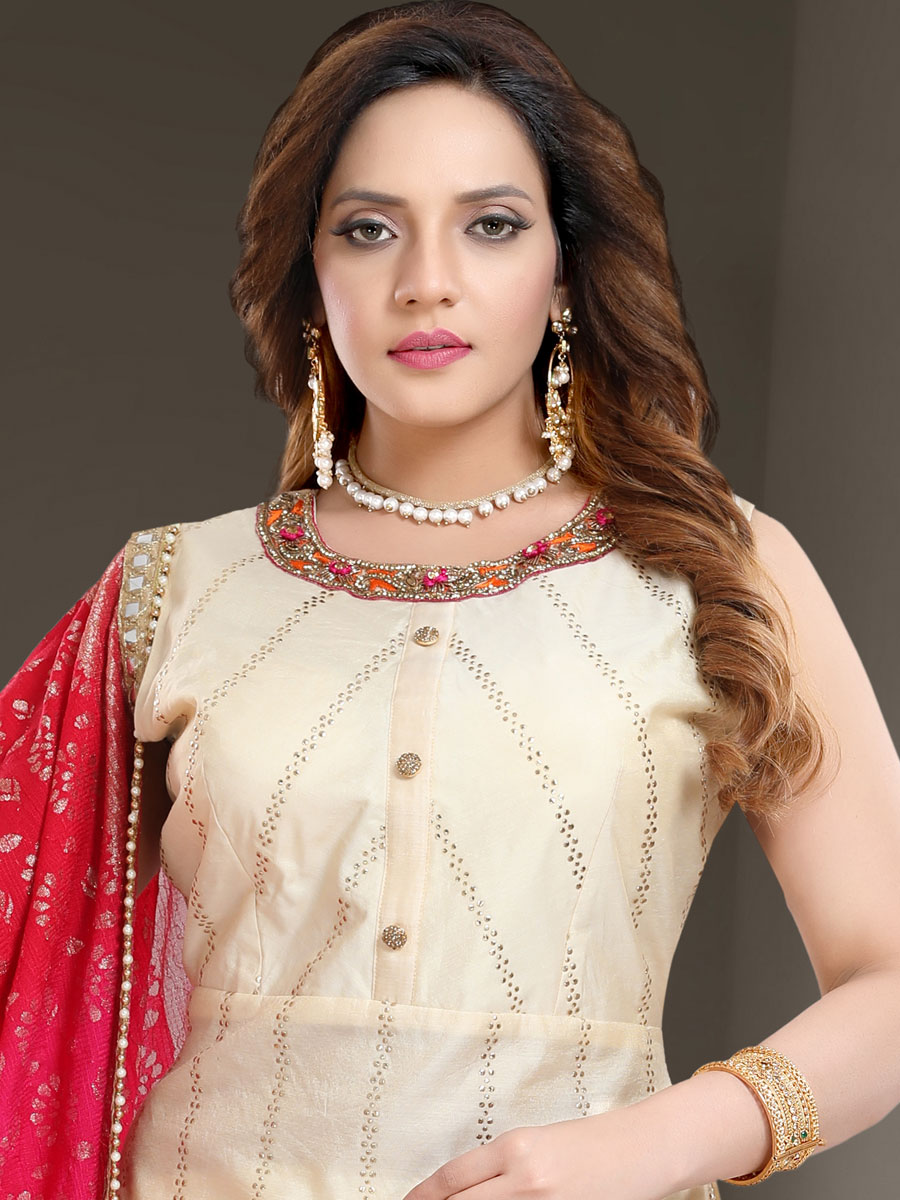 Cream Yellow Chanderi Silk Embroidered Party Churidar Pant Kameez