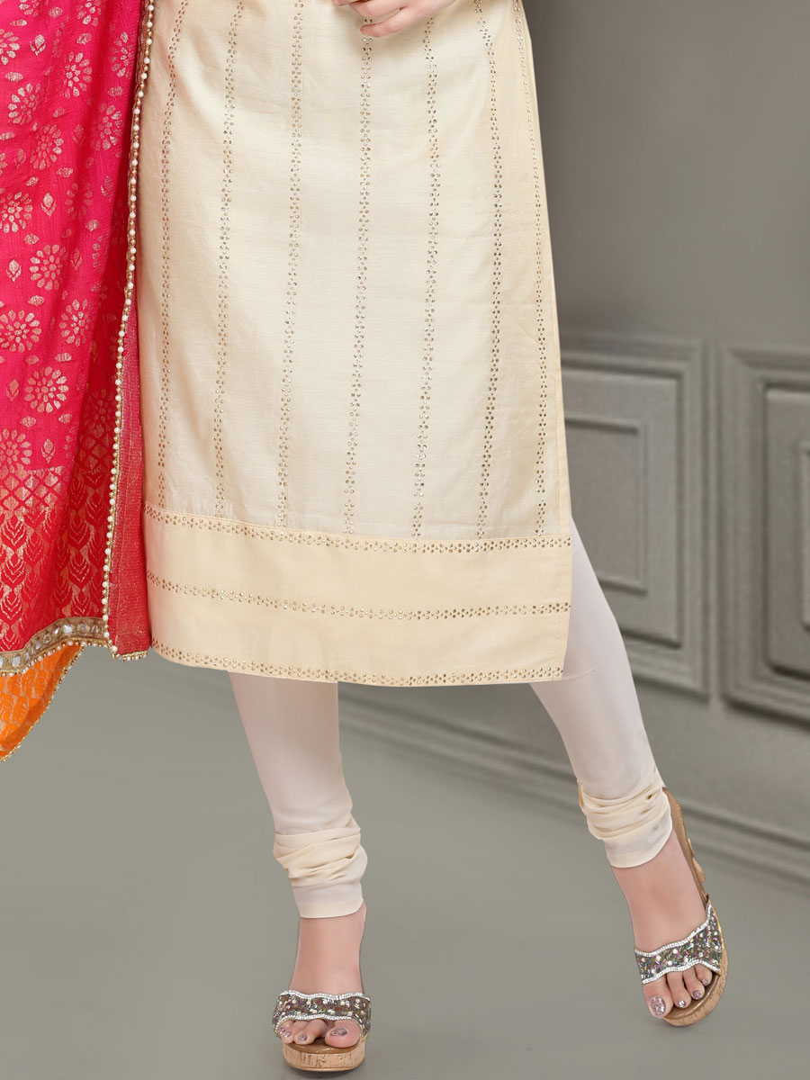 Cream Yellow Chanderi Silk Embroidered Party Churidar Pant Kameez