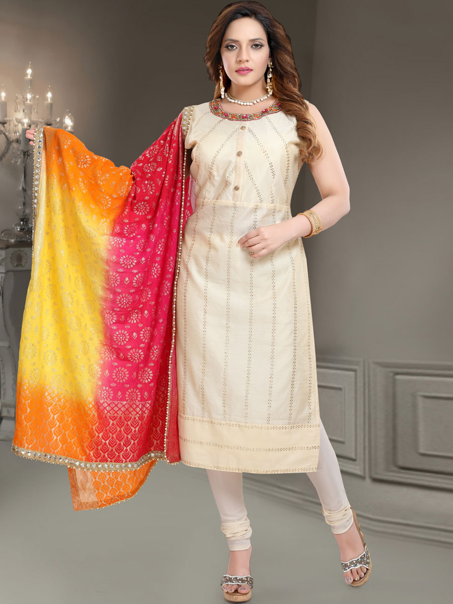 Cream Yellow Chanderi Silk Embroidered Party Churidar Pant Kameez