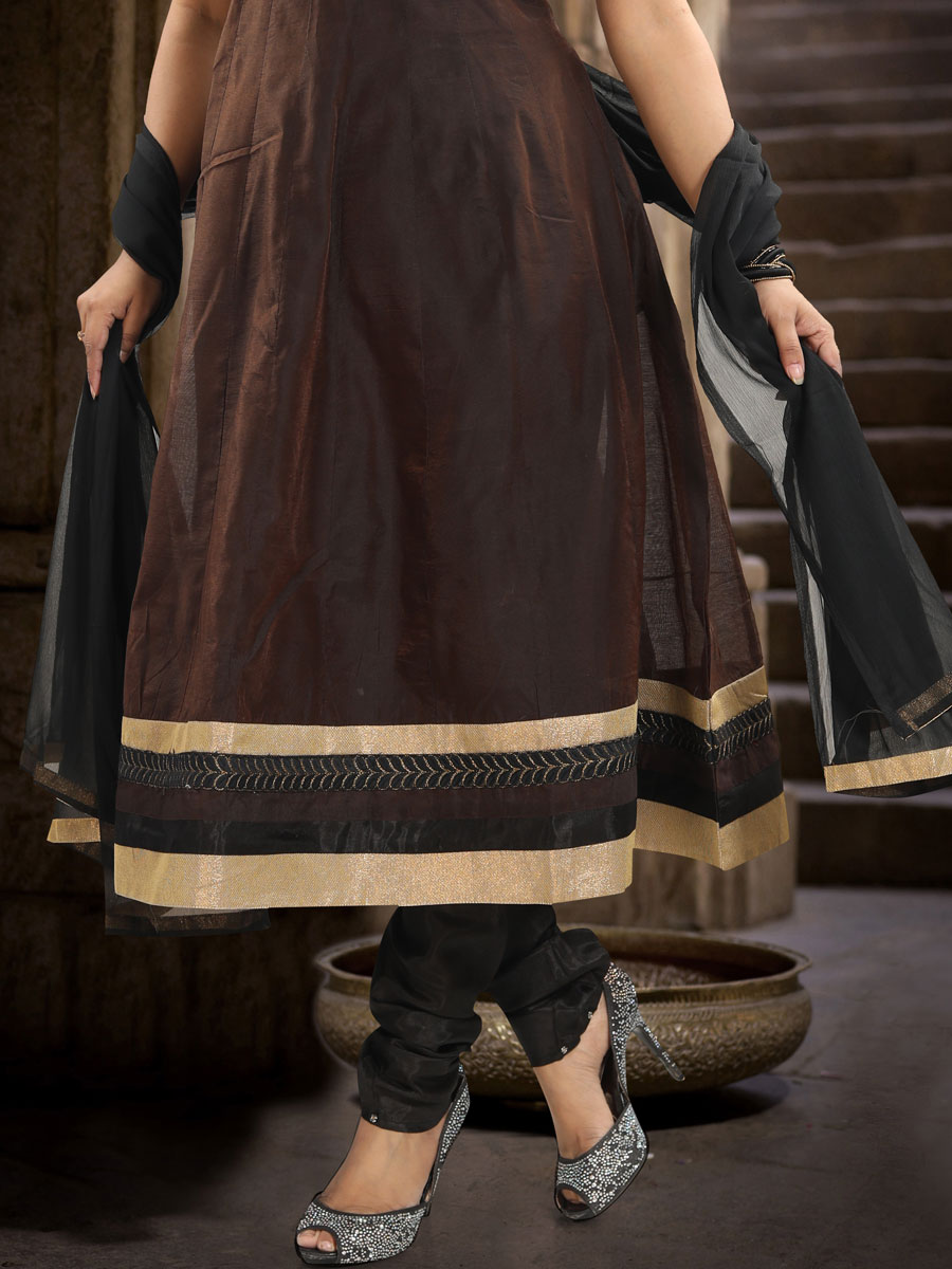 Auburn Brown Art Chanderi Silk Embroidered Lawn Kameez