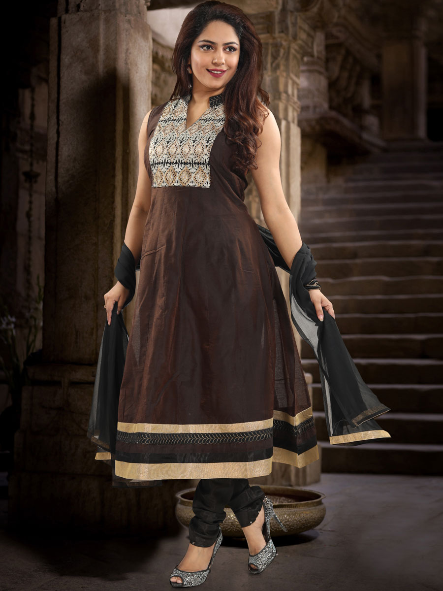 Auburn Brown Art Chanderi Silk Embroidered Lawn Kameez