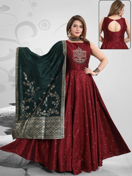 Maroon Art Silk Embroidered Party Lawn Kameez