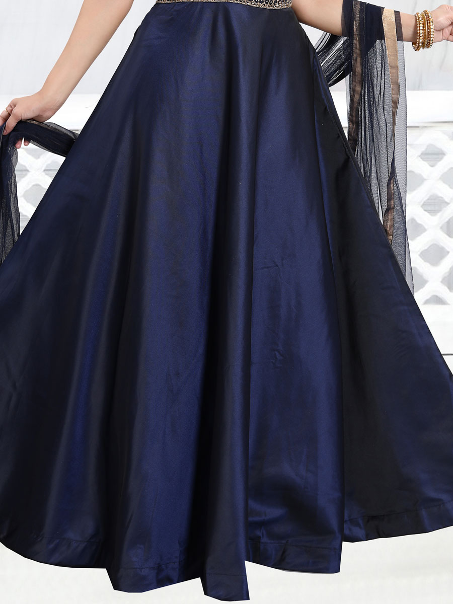 Navy blue Satin Embroidered Party Lawn Kameez