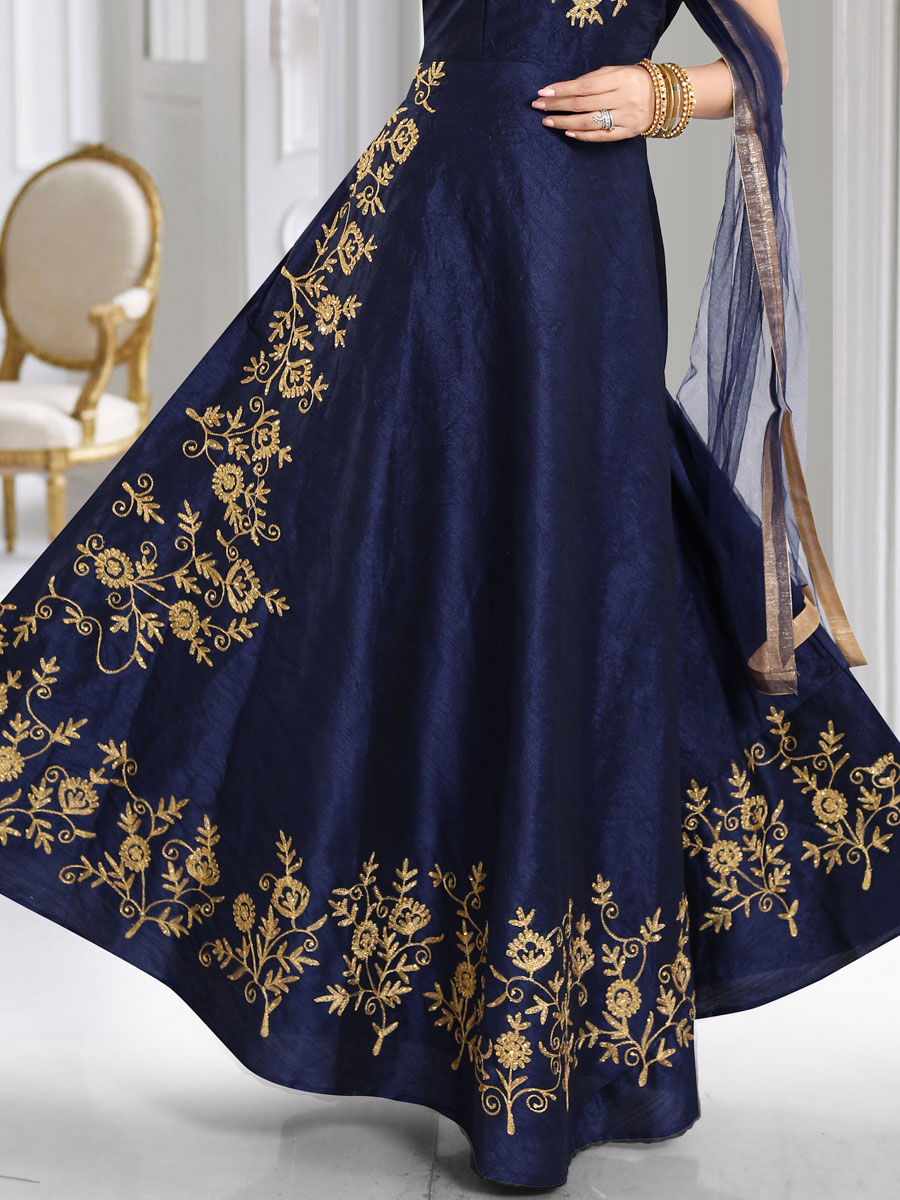 Navy Blue Silk Embroidered Party Lawn Kameez
