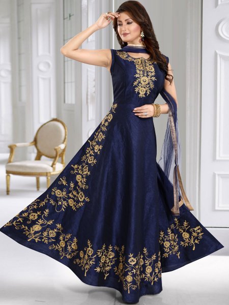 Navy Blue Silk Embroidered Party Lawn Kameez