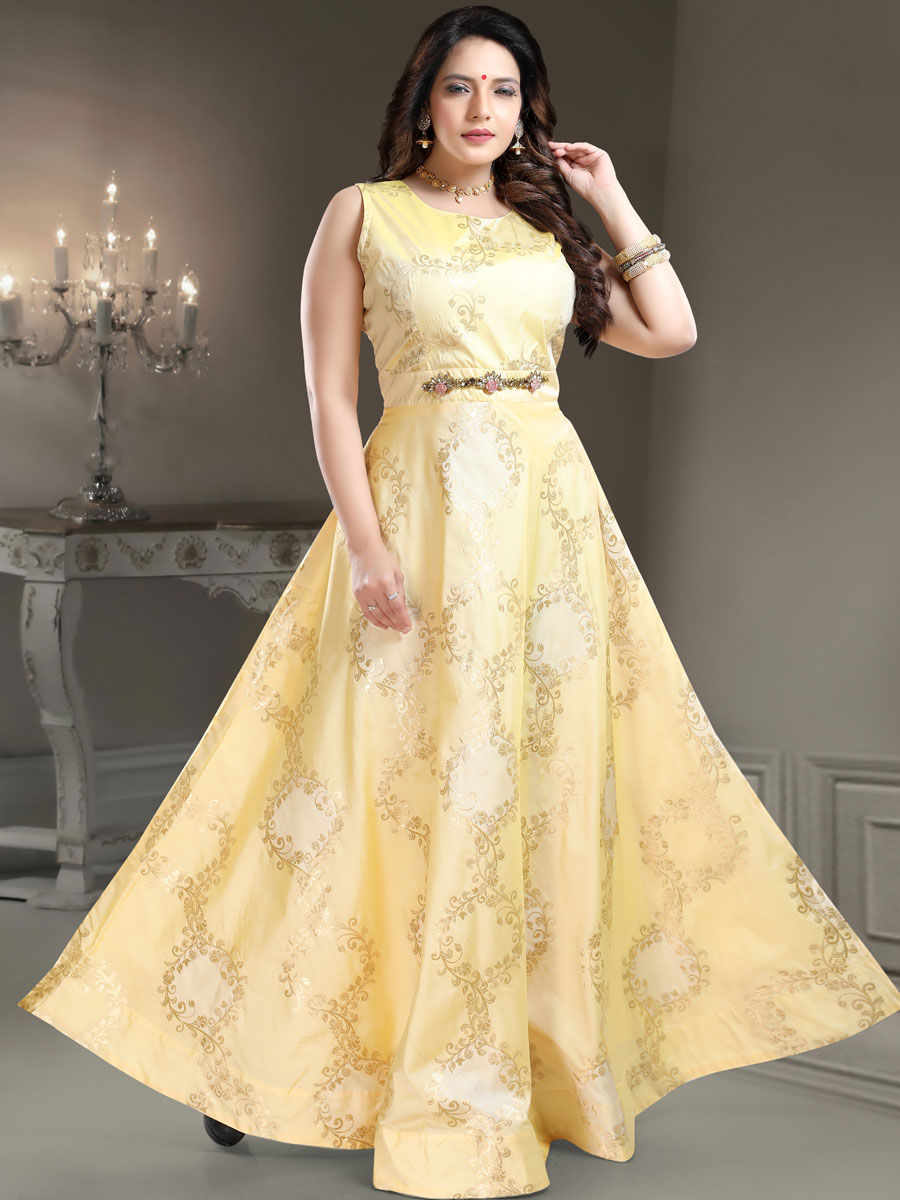 Lemon Chiffon Yellow Silk Handwoven Party Gown