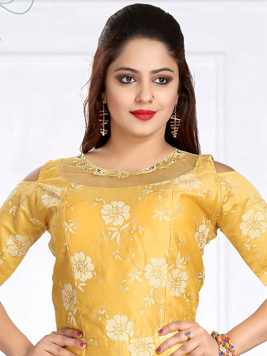 Jonquil Yellow Chanderi Silk Embroidered Party Gown