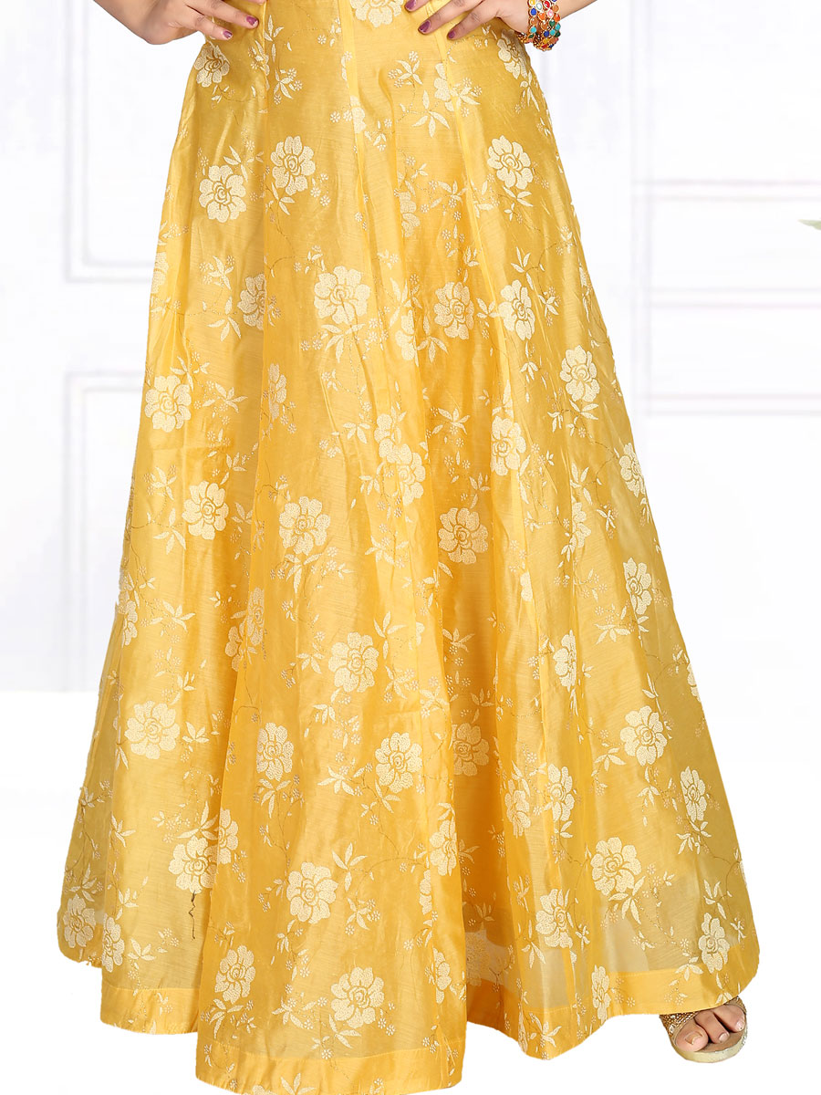 Jonquil Yellow Chanderi Silk Embroidered Party Gown
