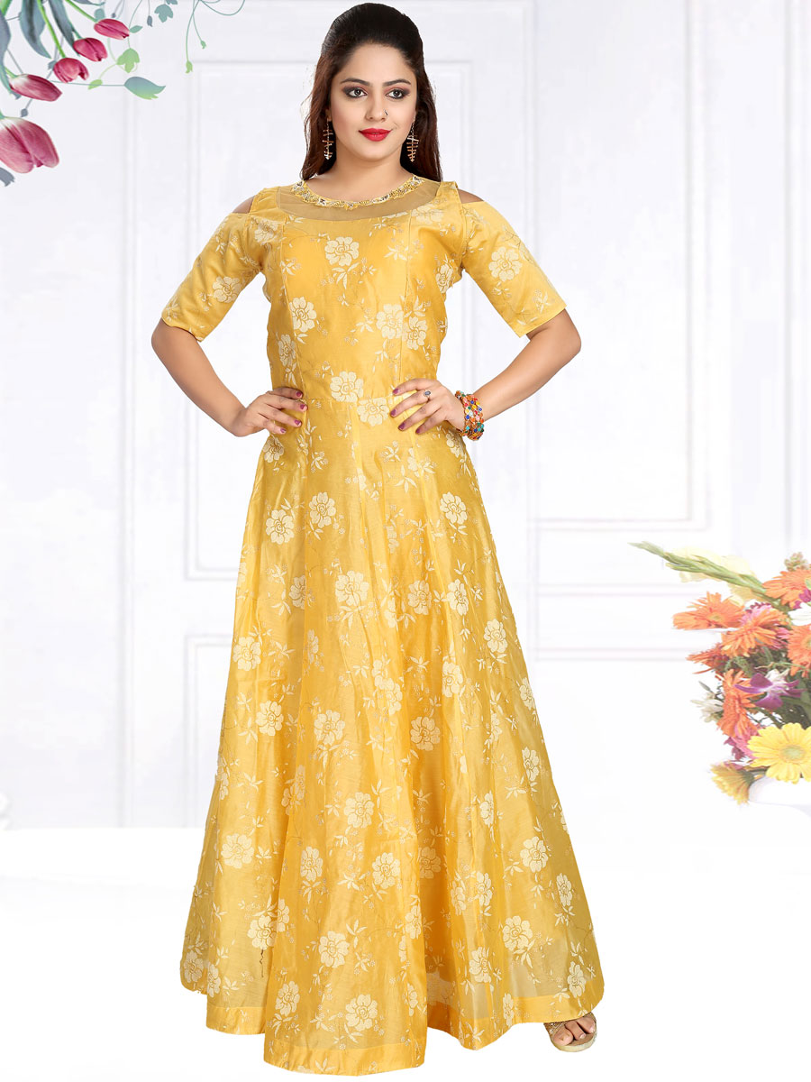 Jonquil Yellow Chanderi Silk Embroidered Party Gown