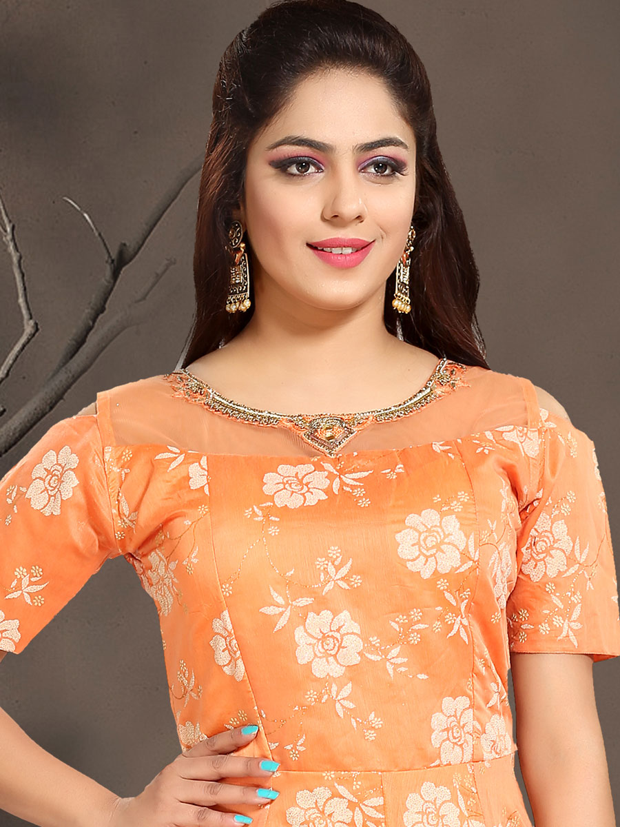 Coral Orange Chanderi Silk Embroidered Party Gown