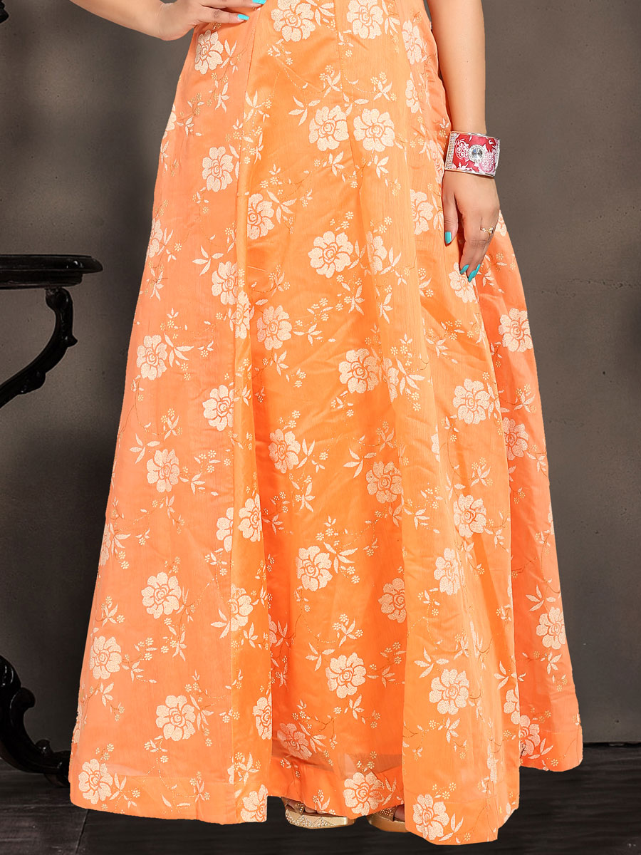 Coral Orange Chanderi Silk Embroidered Party Gown