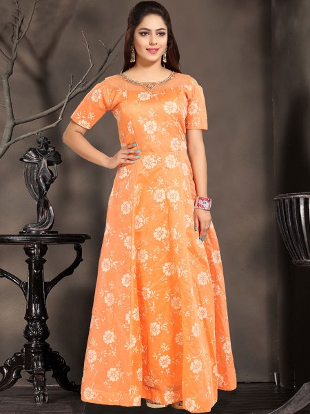 Coral Orange Chanderi Silk Embroidered Party Gown